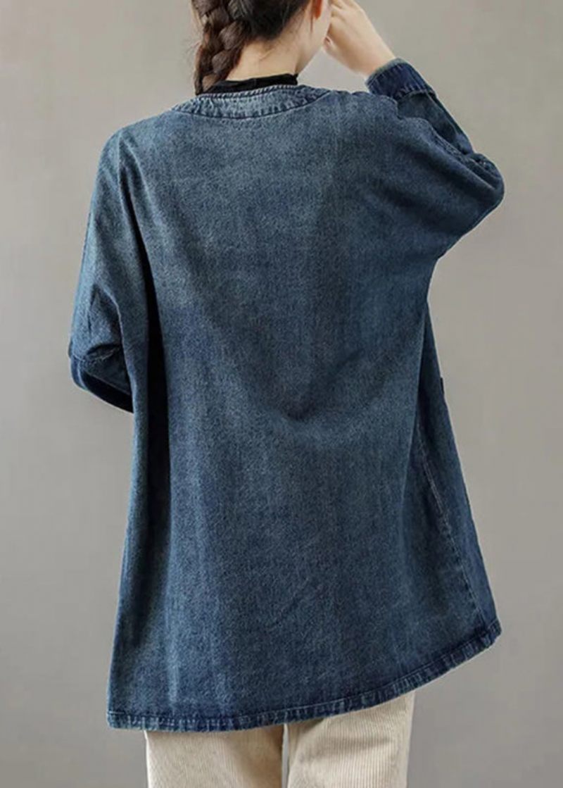 Fransk Blå O-hals Lommer Patchwork Denim Frakker Langærmet - Sort Grå