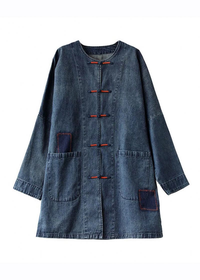 Fransk Blå O-hals Lommer Patchwork Denim Frakker Langærmet - Sort Grå