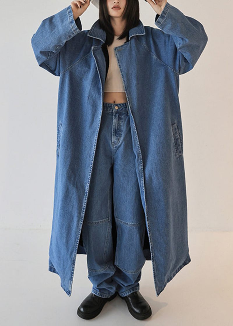 Fransk Blå Overdimensioneret Slid På Begge Sider Denim Trenchcoat Efterår - Dame vinterfrakker