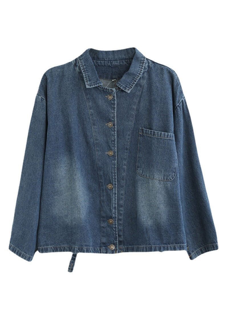 Fransk Blå Peter Pan Krave Patchwork Knap Bomuld Denim Frakker Spring - Blå