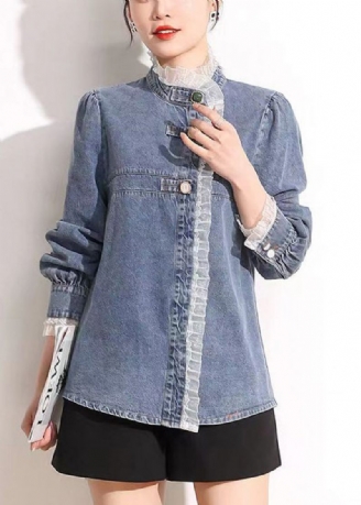 Fransk Blå Standkrave Asymmetrisk Patchwork Blonder Bomuld Denim Frakker Lange Ærmer