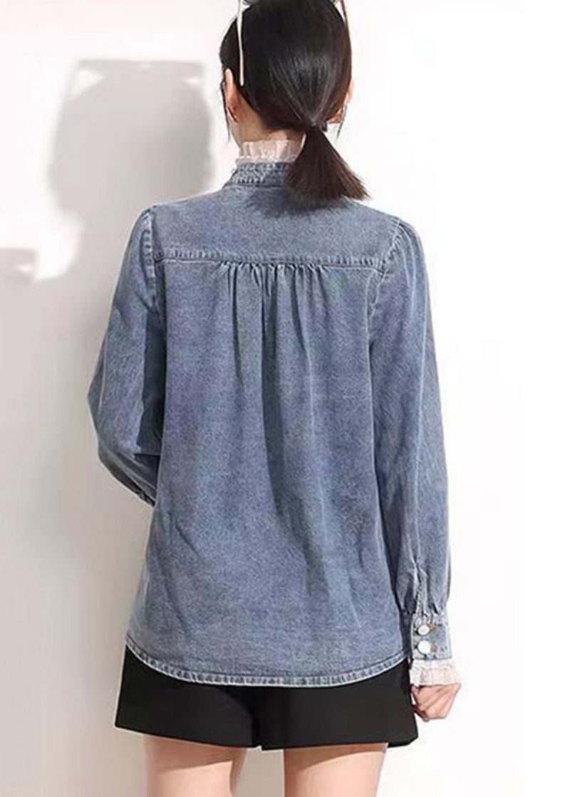 Fransk Blå Standkrave Asymmetrisk Patchwork Blonder Bomuld Denim Frakker Lange Ærmer - Dame vinterfrakker