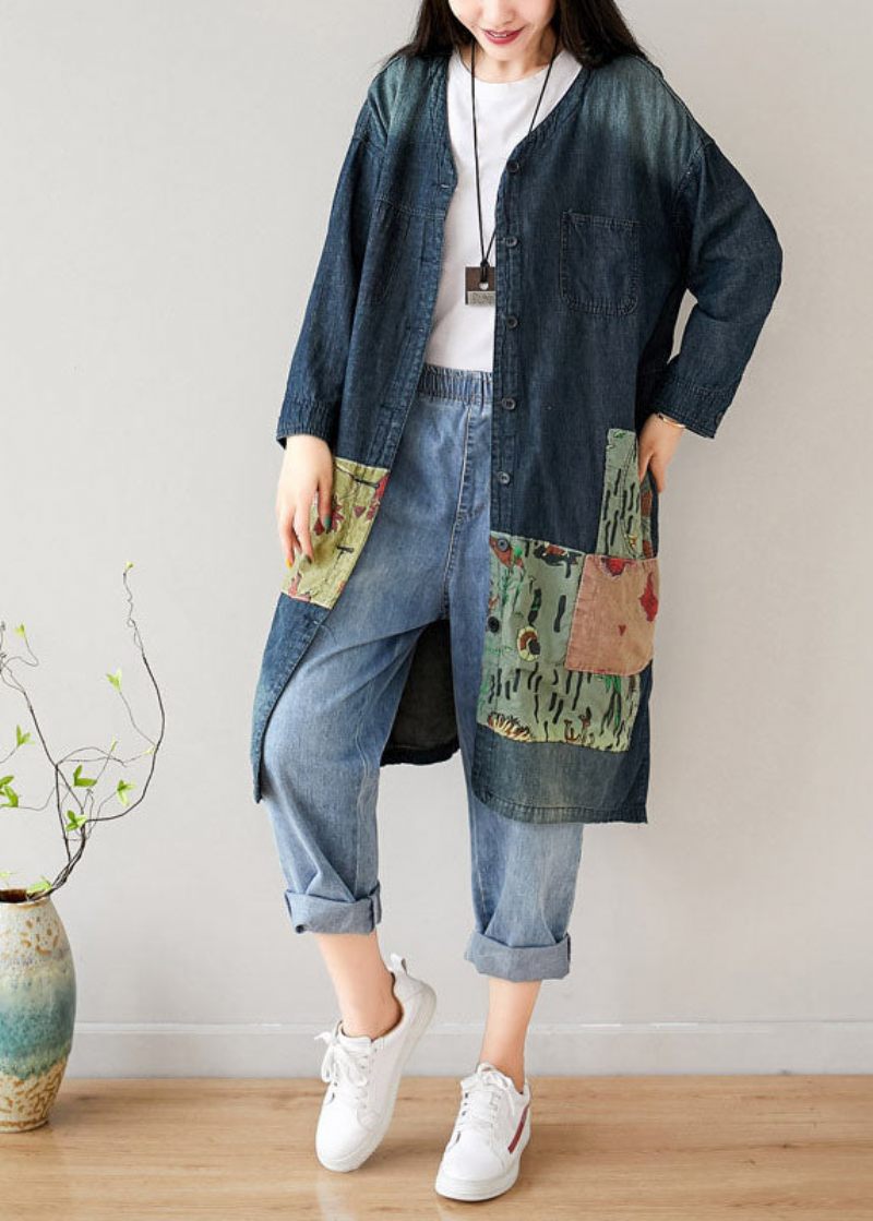 Fransk Blå V-halslommer Patchwork Denimfrakker Forår