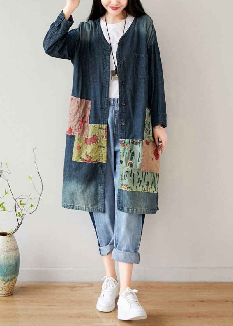 Fransk Blå V-halslommer Patchwork Denimfrakker Forår - Dame vinterfrakker