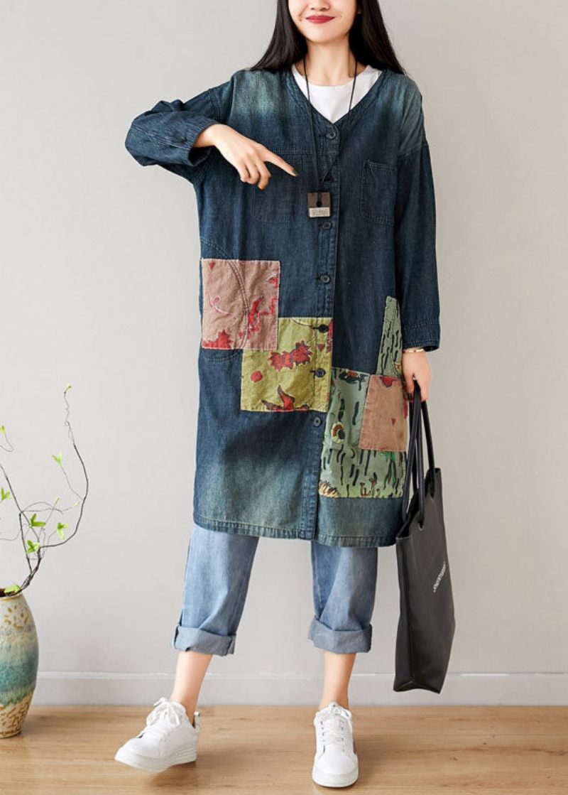 Fransk Blå V-halslommer Patchwork Denimfrakker Forår - Dame vinterfrakker