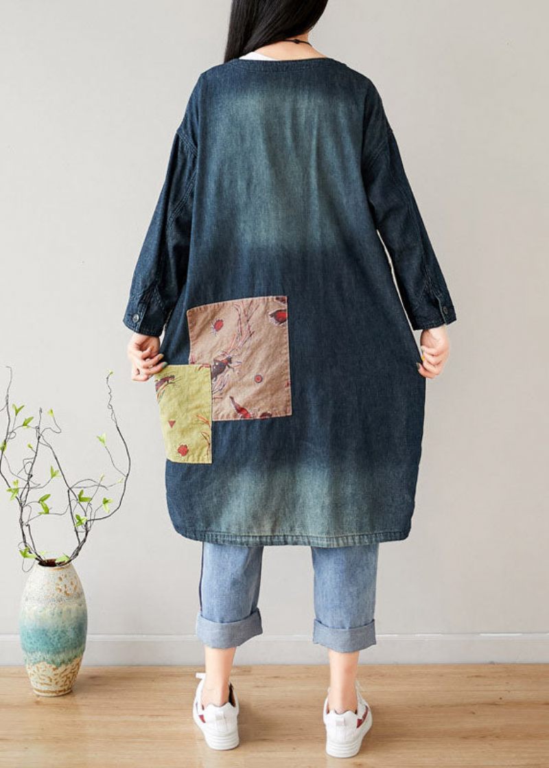 Fransk Blå V-halslommer Patchwork Denimfrakker Forår - Dame vinterfrakker