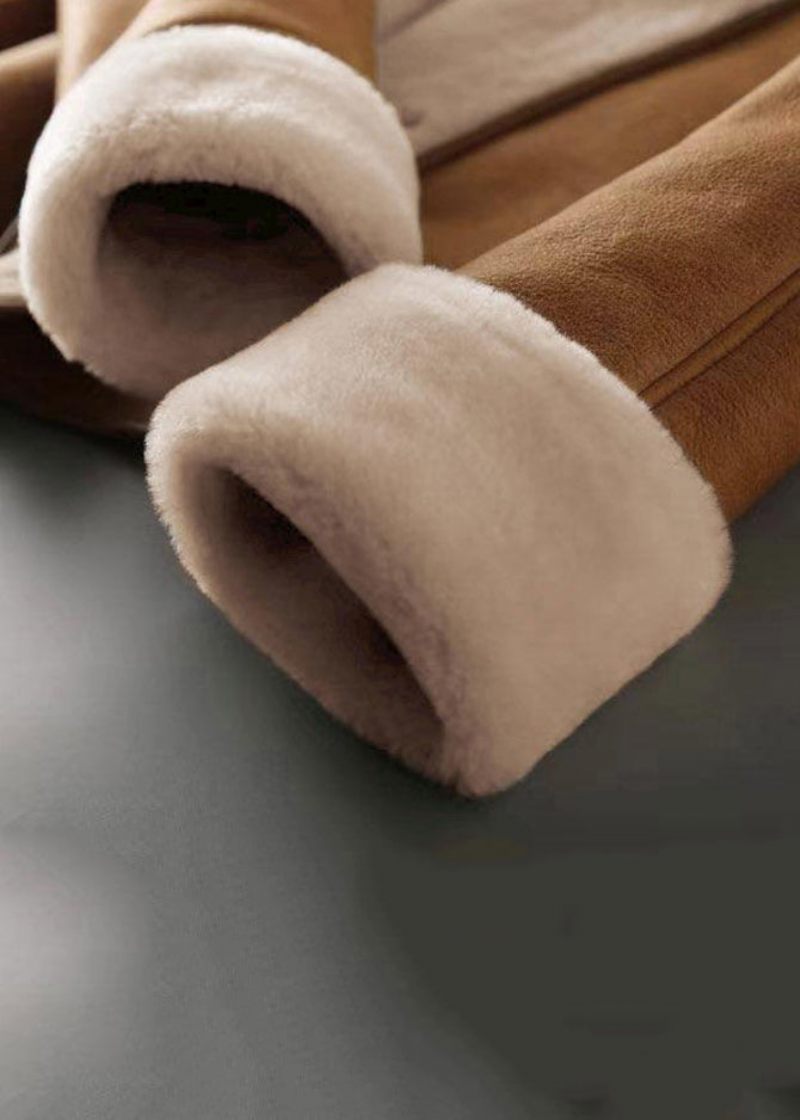 Fransk Camel Knap Lommer Varm Fleece Faux Ruskind Frakke Vinter - Dame vinterfrakker