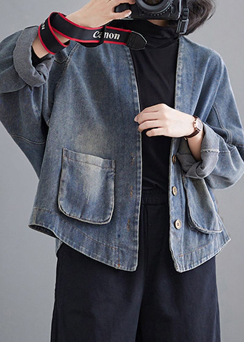 Fransk Denim Blå V-halslommer Patchwork Coat Spring - Dame vinterfrakker