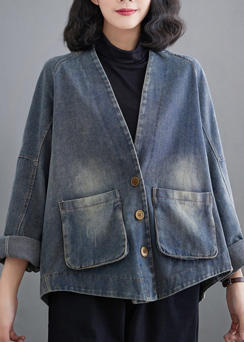 Fransk Denim Blå V-halslommer Patchwork Coat Spring - Dame vinterfrakker