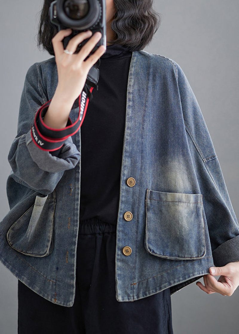 Fransk Denim Blå V-halslommer Patchwork Coat Spring - Dame vinterfrakker