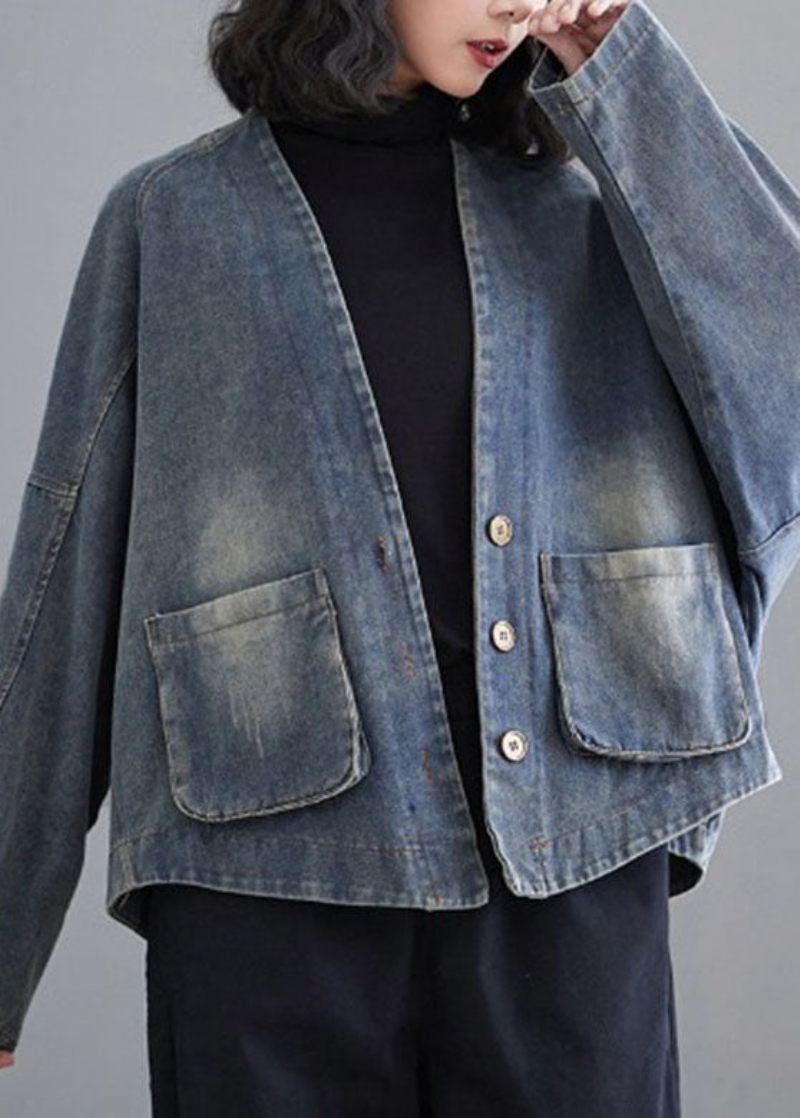 Fransk Denim Blå V-halslommer Patchwork Coat Spring - Dame vinterfrakker