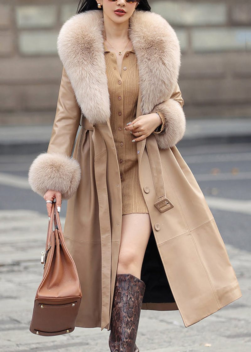 Fransk Khaki Fox Krave Tie Talje Faux Læder Coat Langærmet