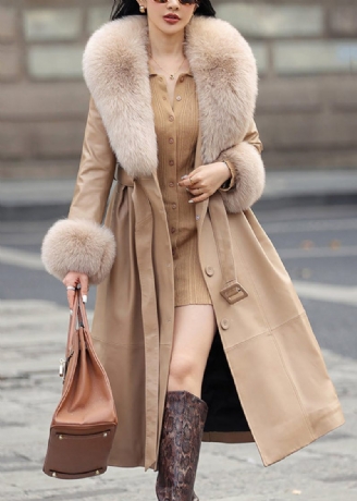 Fransk Khaki Fox Krave Tie Talje Faux Læder Coat Langærmet