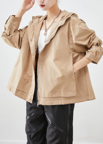 Fransk Khaki Hætte Oversized Cotton Coat Outwear Efterår