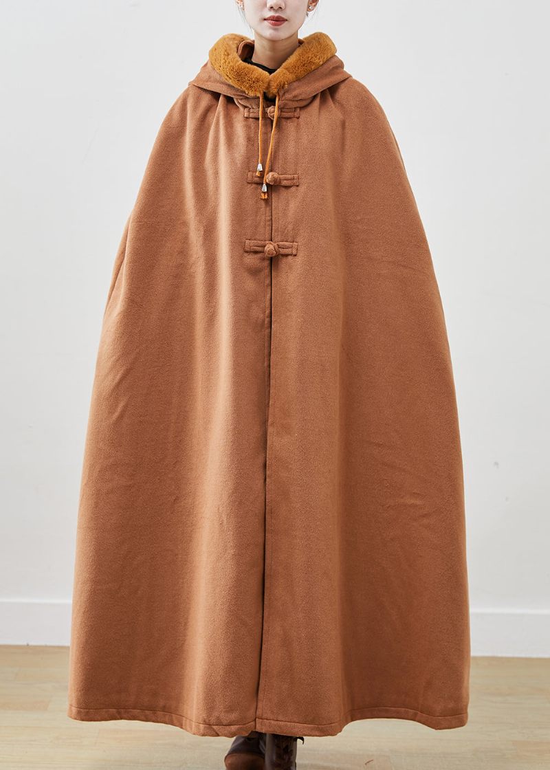 Fransk Khaki Pelskrave Oversized Varm Fleece Hættetrøje Frakke Kappe Ærmer - Dame vinterfrakker