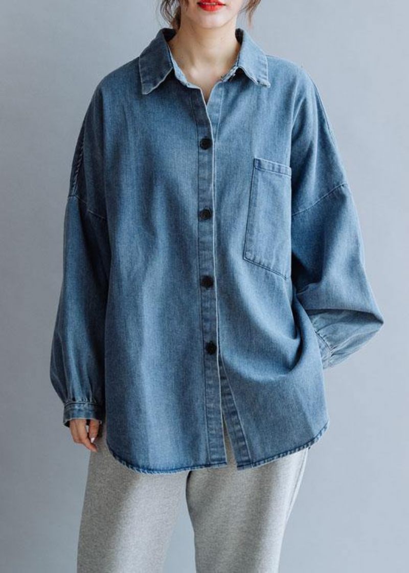 Fransk Lav Høj Design Bomuldsskjorter Kvinder Mønster Denim Blå Bluse Efterår