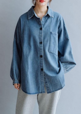 Fransk Lav Høj Design Bomuldsskjorter Kvinder Mønster Denim Blå Bluse Efterår