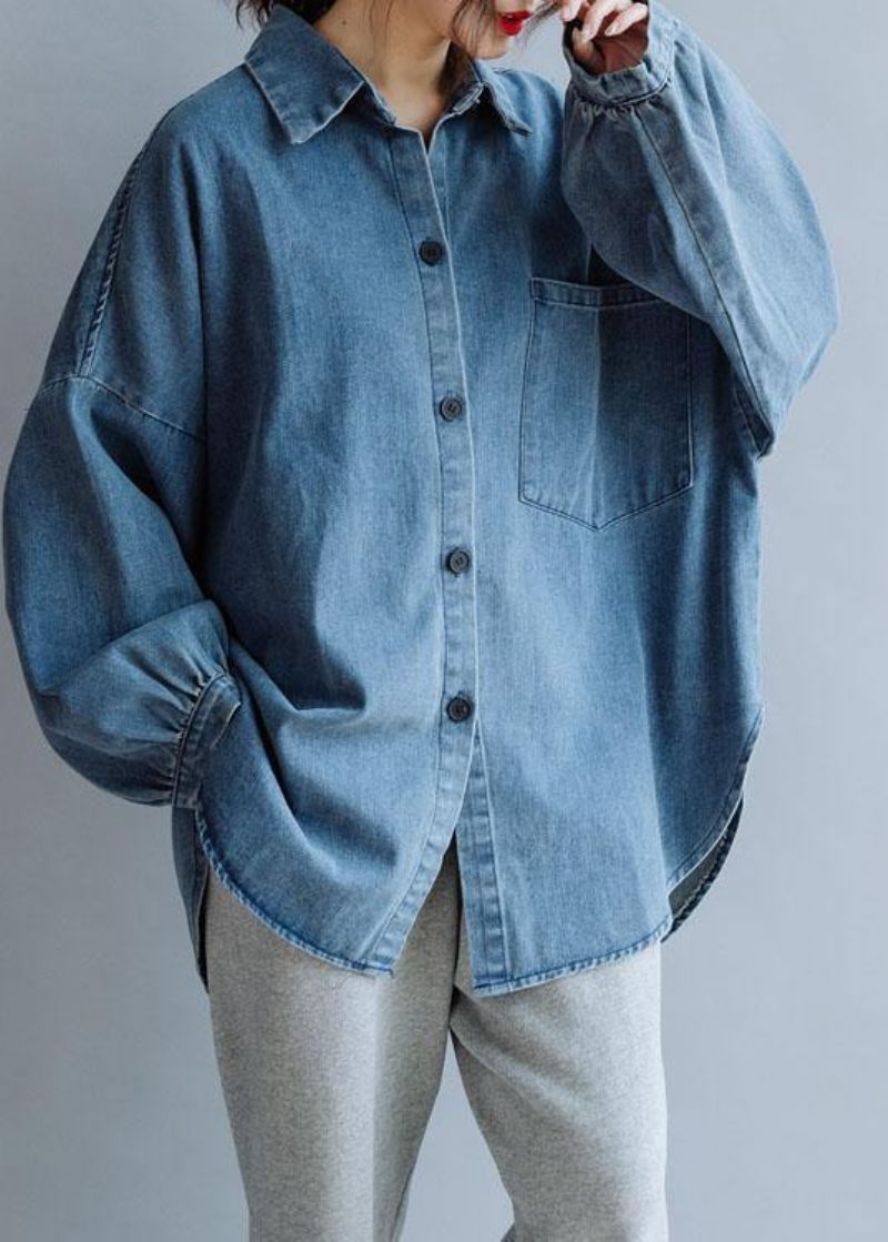 Fransk Lav Høj Design Bomuldsskjorter Kvinder Mønster Denim Blå Bluse Efterår - Denim Grå