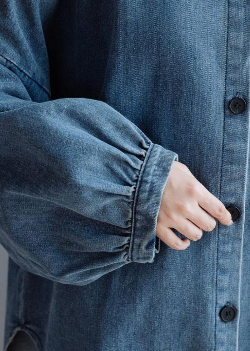 Fransk Lav Høj Design Bomuldsskjorter Kvinder Mønster Denim Blå Bluse Efterår - Denim Grå