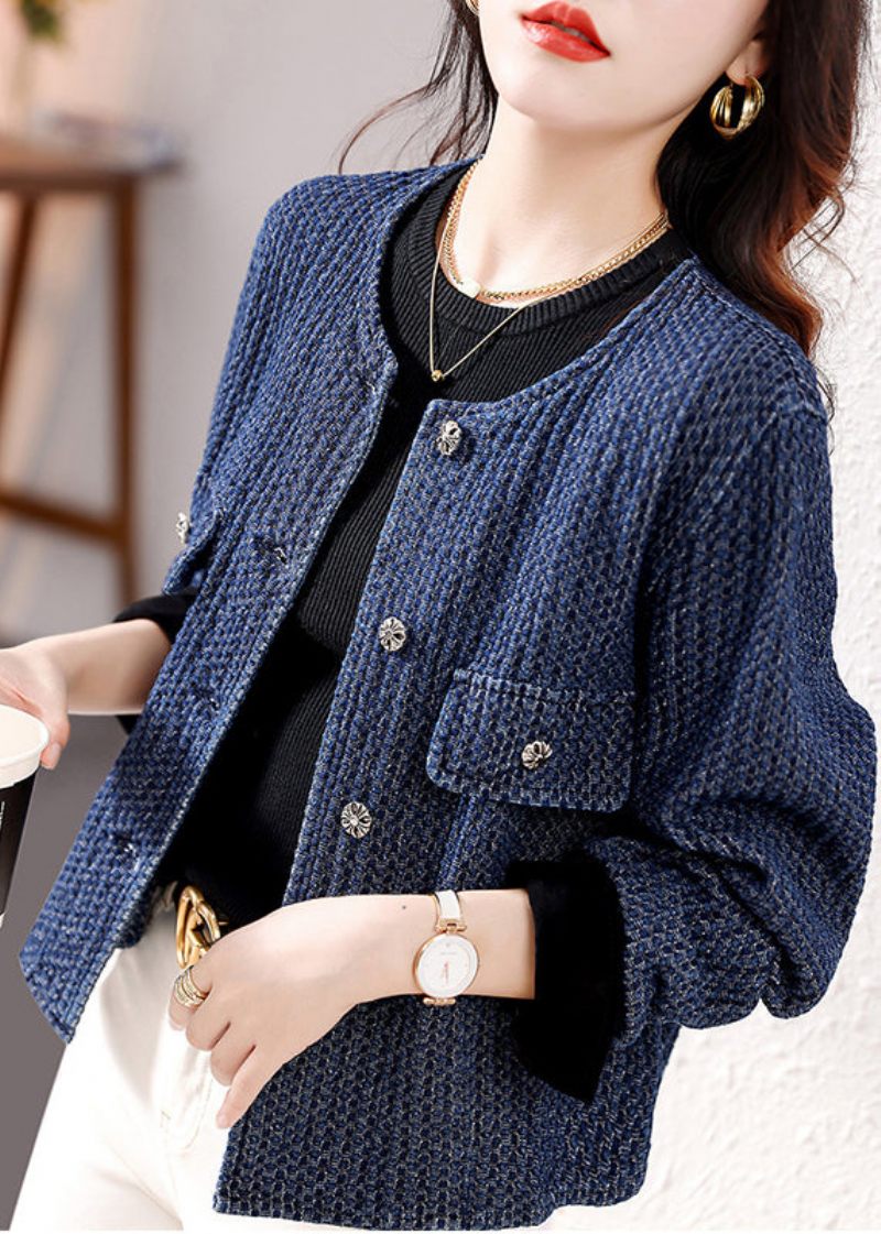 Fransk Navy O-hals Knap Patchwork Denim Coat Fall