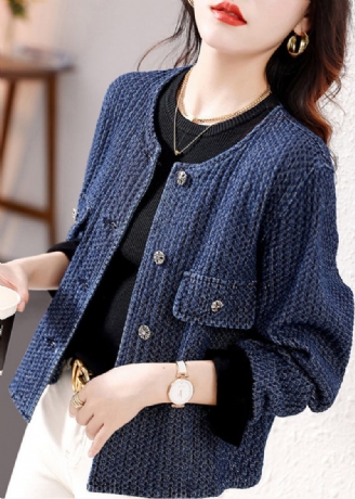 Fransk Navy O-hals Knap Patchwork Denim Coat Fall