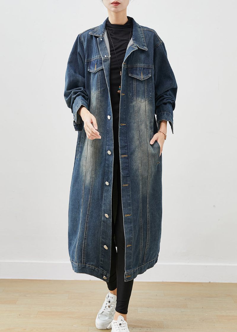 Fransk Navy Oversized Button Down Denim Trench Spring - Dame vinterfrakker