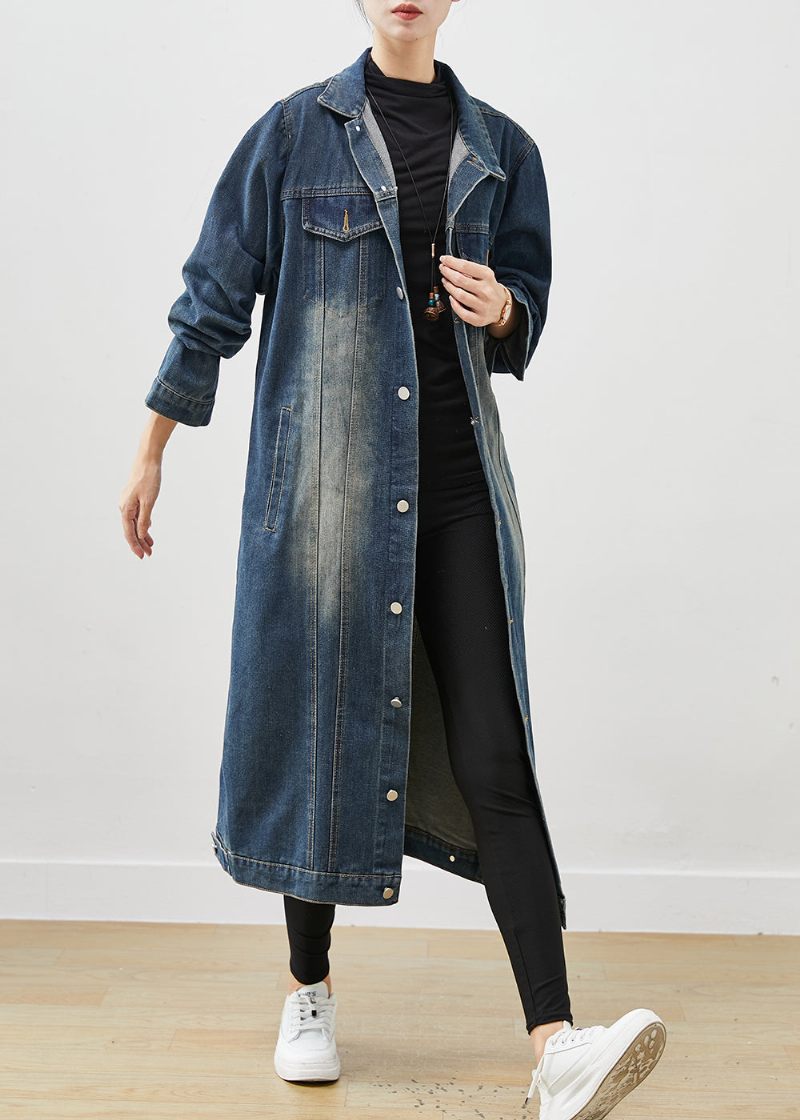 Fransk Navy Oversized Button Down Denim Trench Spring - Dame vinterfrakker