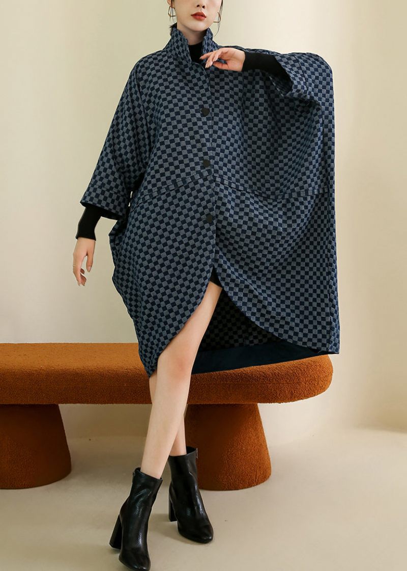 Fransk Navy Plaid Button Patchwork Bomuld Frakke Batwing Sleeve - Dame vinterfrakker