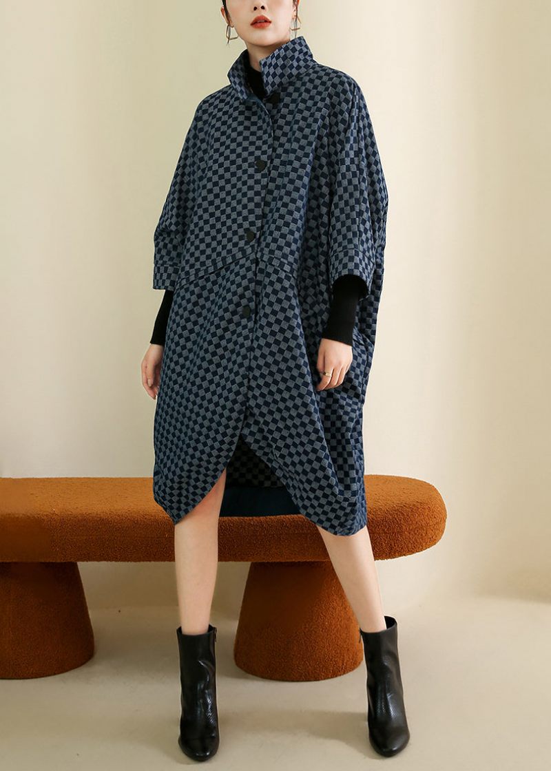 Fransk Navy Plaid Button Patchwork Bomuld Frakke Batwing Sleeve - Dame vinterfrakker