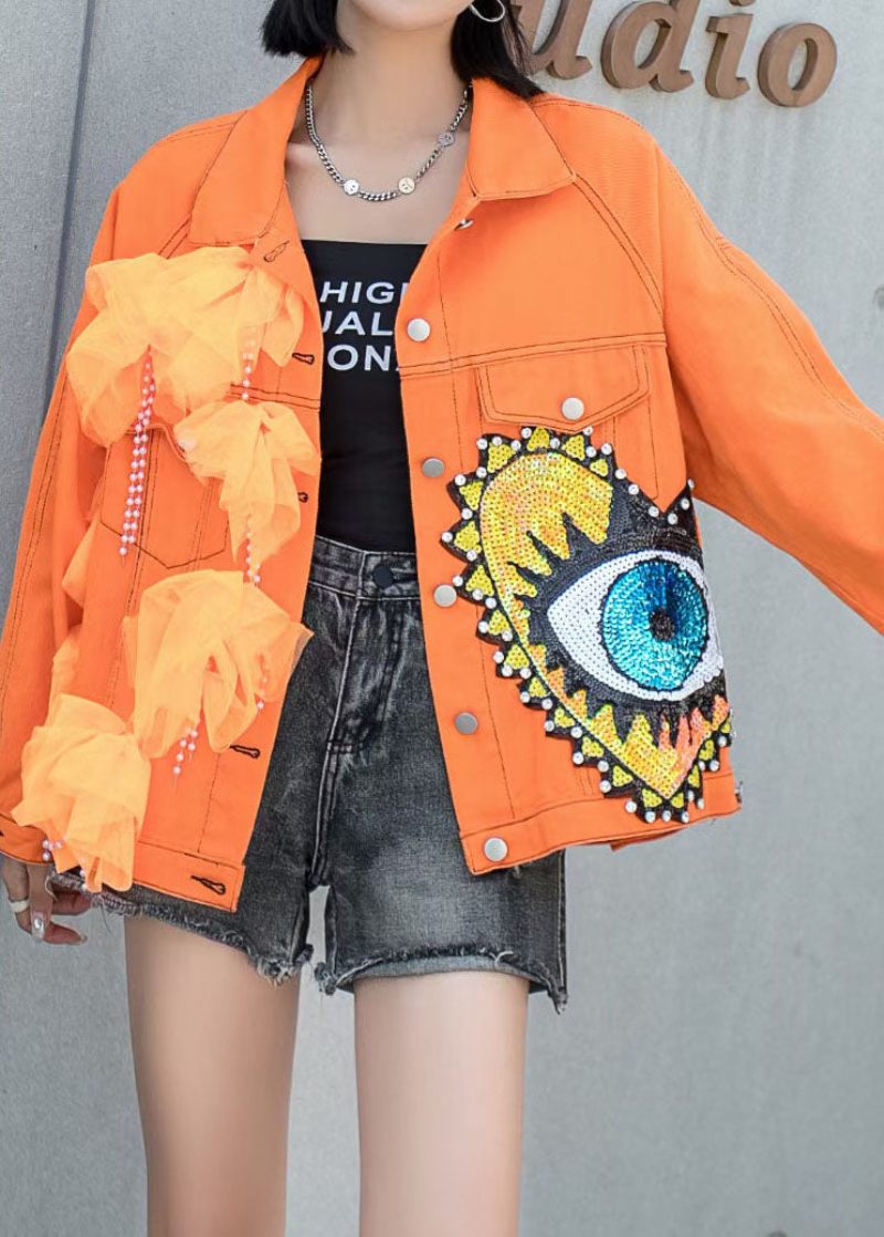 Fransk Orange Tyl Lommer Pailletter Nail Bead Patchwork Denim Coat Spring - Dame vinterfrakker