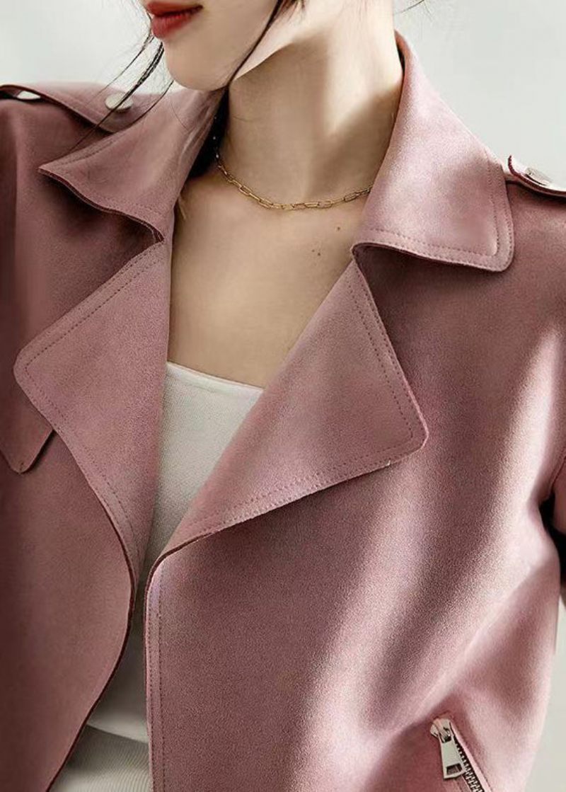 Fransk Pink Lapel Oversized Faux Ruskindsjakke Fall - Dame vinterfrakker