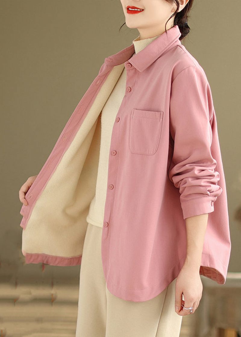 Fransk Pink Oversized Lommer Fleece Uld Foret Frakker Vinter