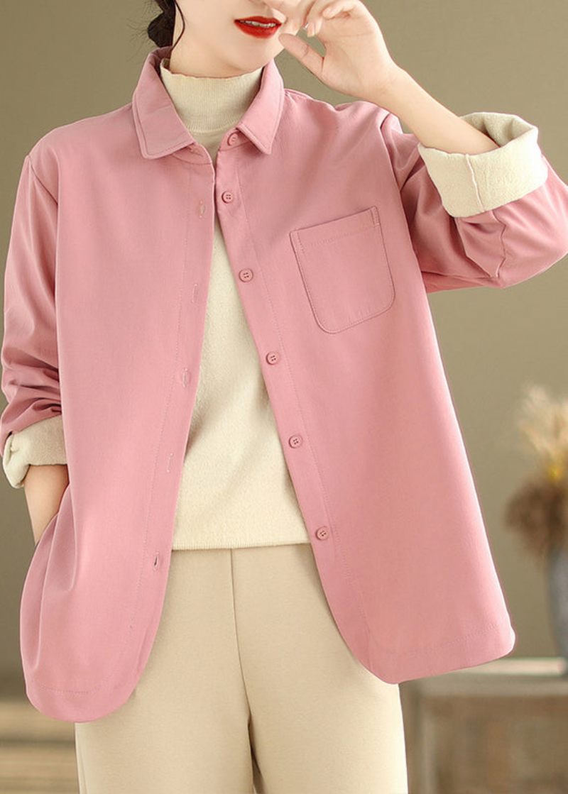 Fransk Pink Oversized Lommer Fleece Uld Foret Frakker Vinter - Dame vinterfrakker