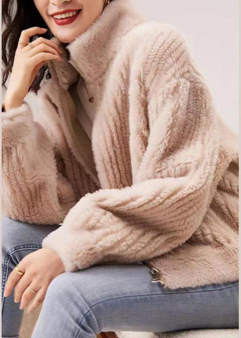 Fransk Pink Stand Krave Zip Up Patchwork Faux Fur Coats Efterår - Dame vinterfrakker