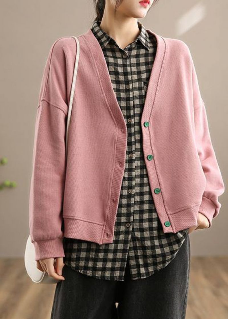 Fransk Pink Tøj Til Kvinder Form V-hals Button Down Spring Frakker - Pink