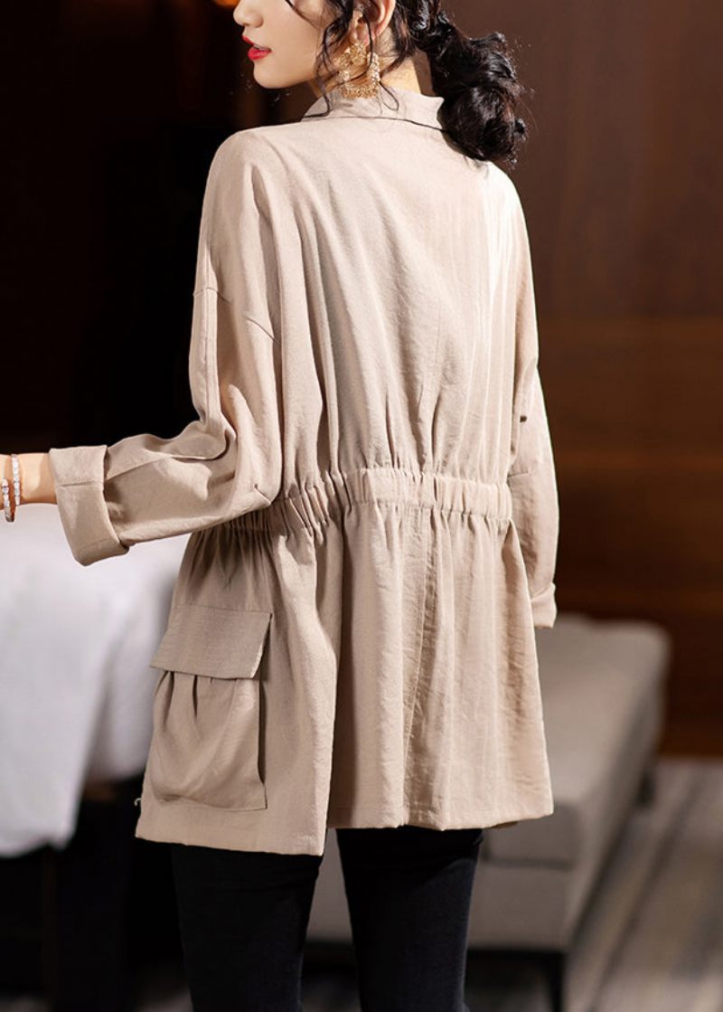 Franske Khaki Button Lommer Patchwork Bomuld Tynde Frakker Fall - Dame vinterfrakker