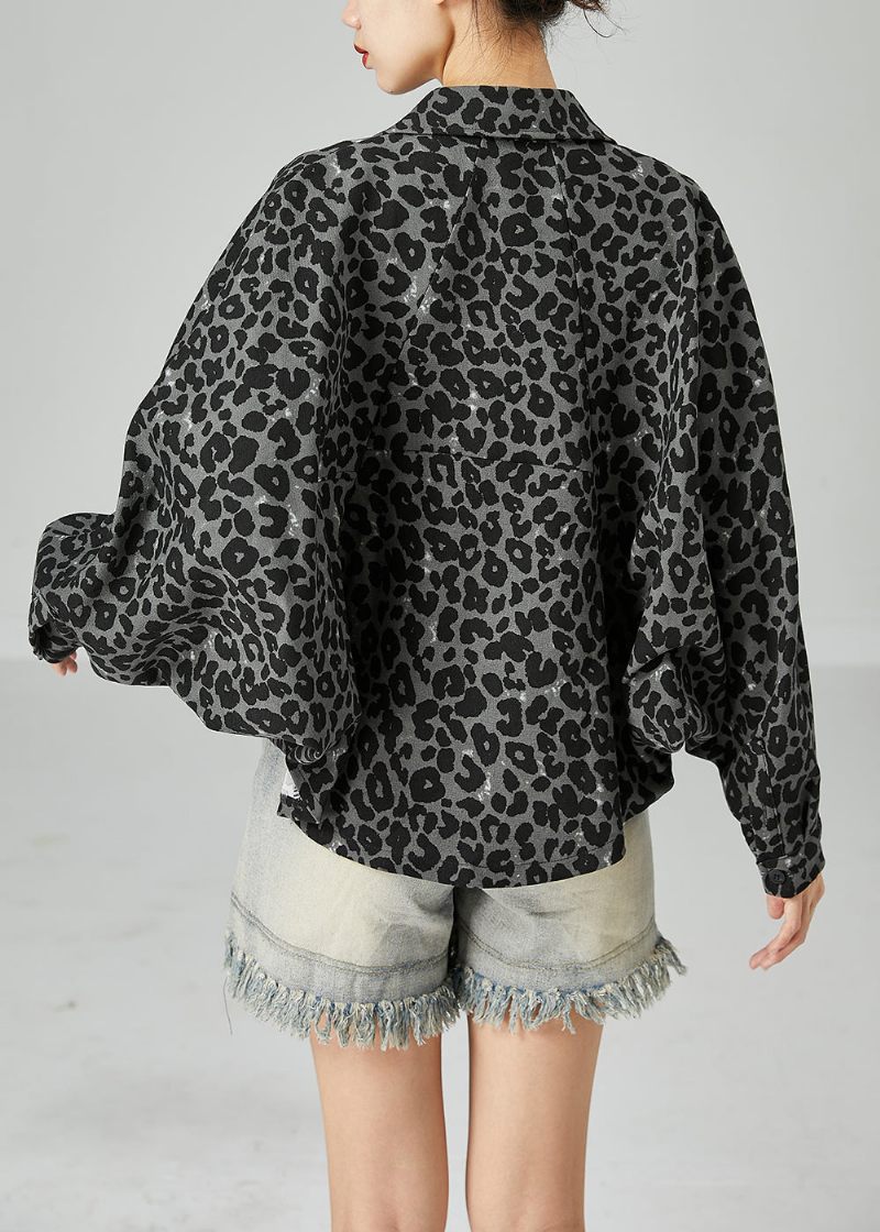 Grå Leopard Print Bomuld Frakker Peter Pan Krave Pocket Batwing Sleeve - Dame vinterfrakker