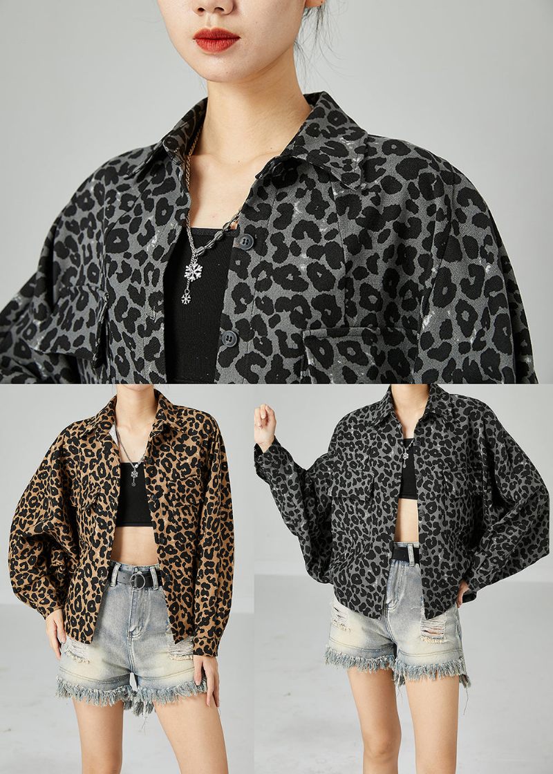 Grå Leopard Print Bomuld Frakker Peter Pan Krave Pocket Batwing Sleeve - Dame vinterfrakker