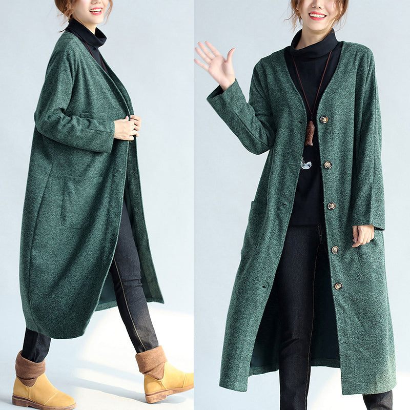 Grøn Vintage Dame Lang Parka Frakke Plus Størrelse V-hals Ulden Trench Lange Cardigans - Dame vinterfrakker