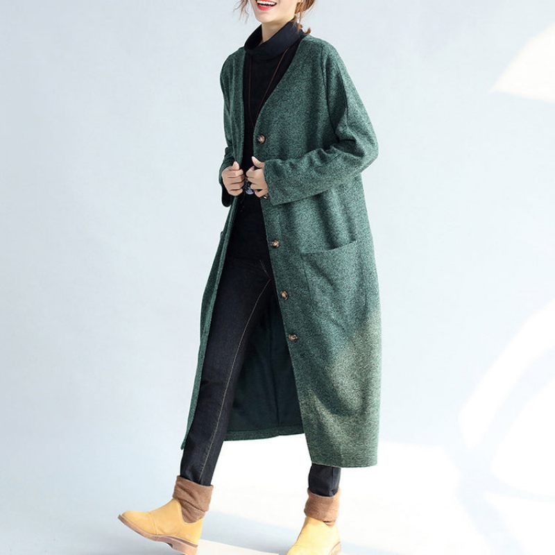 Grøn Vintage Dame Lang Parka Frakke Plus Størrelse V-hals Ulden Trench Lange Cardigans - Dame vinterfrakker