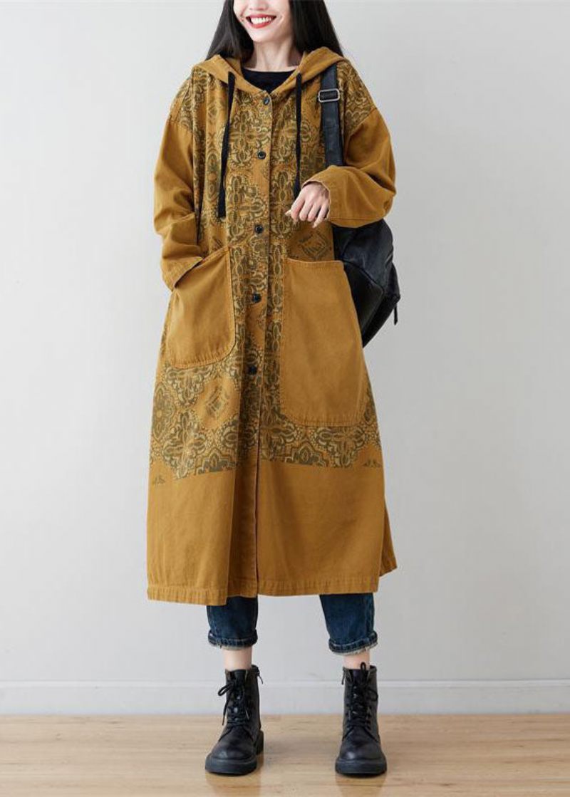 Gule Lommer Patchwork Print Denim Hooded Long Coat Spring