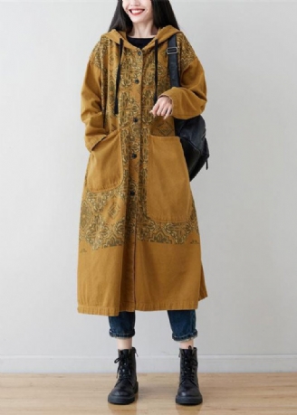 Gule Lommer Patchwork Print Denim Hooded Long Coat Spring