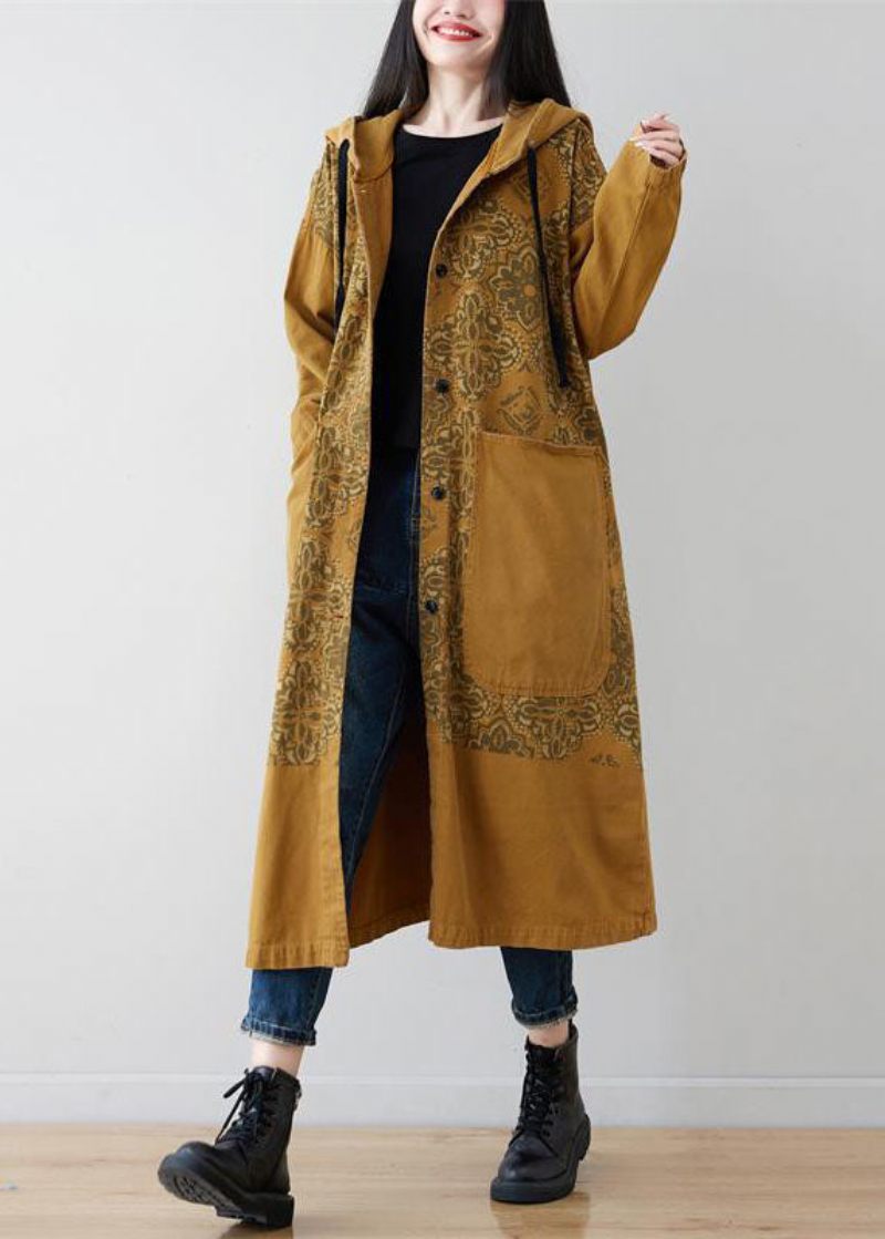 Gule Lommer Patchwork Print Denim Hooded Long Coat Spring - Dame vinterfrakker