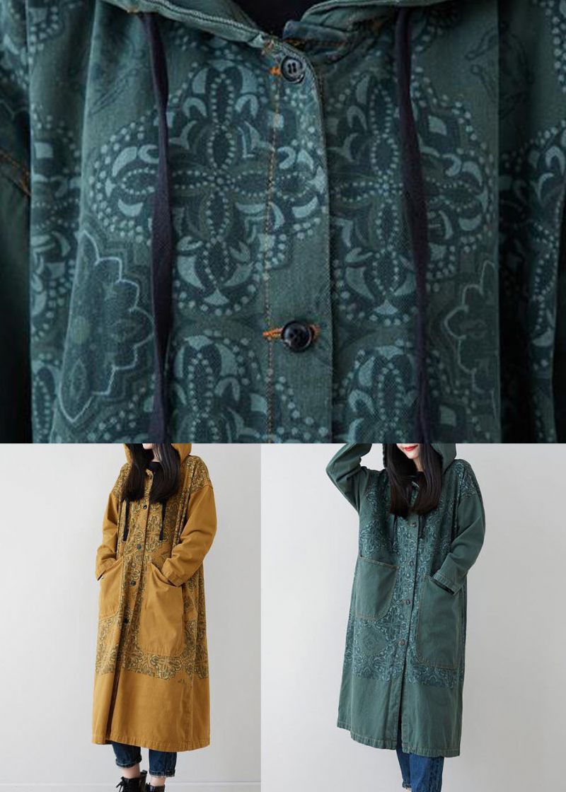 Gule Lommer Patchwork Print Denim Hooded Long Coat Spring - Dame vinterfrakker