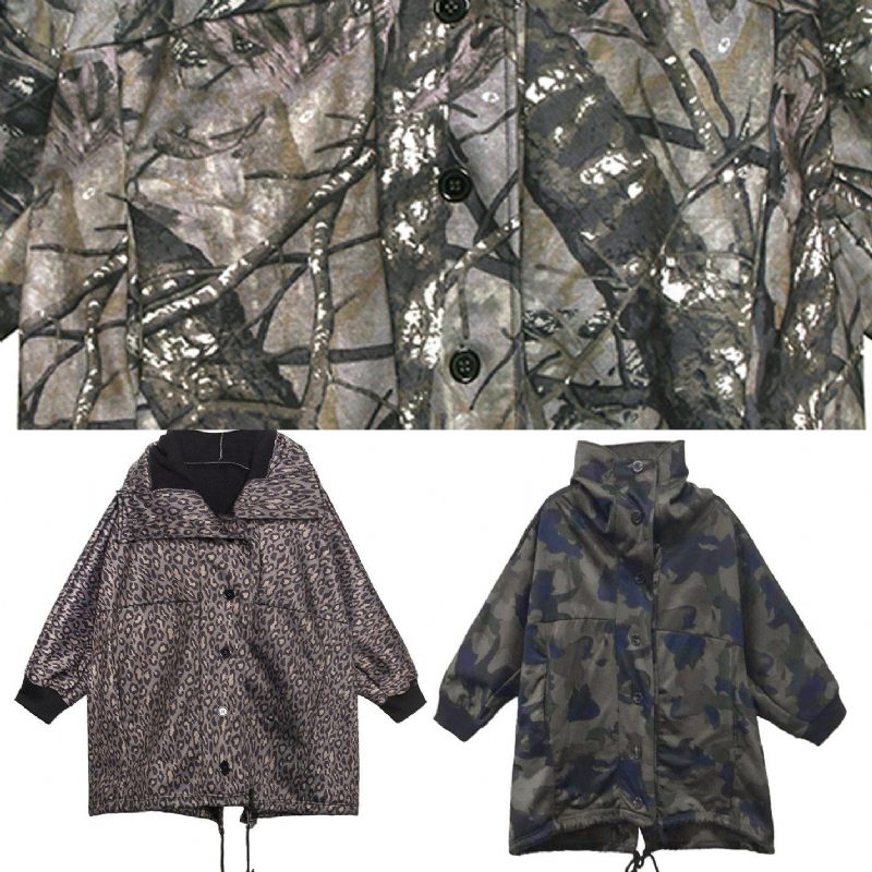 Håndlavede Knaplommer Fin Frakke Til Kvinde Camouflage Silhouette Coat - Grå