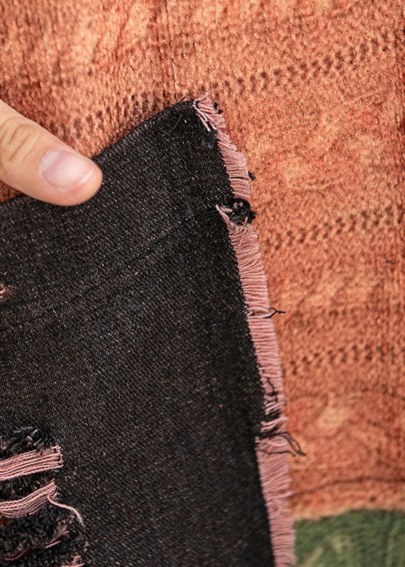 Håndlavet Denim Patchwork Strik Peterpan Krave Lommer Fall Langærmet Frakke - Dame vinterfrakker