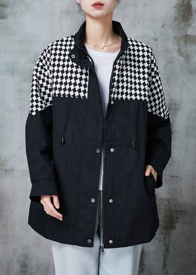 Håndlavet Sort Plaid Patchwork Snøre Bomuldsfrakke Outwear Spring