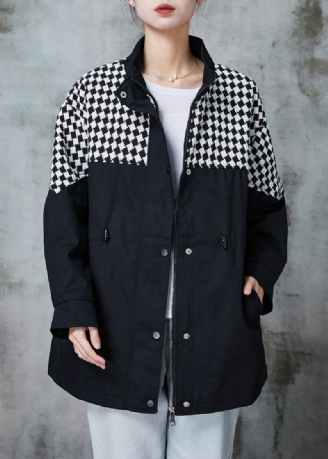 Håndlavet Sort Plaid Patchwork Snøre Bomuldsfrakke Outwear Spring