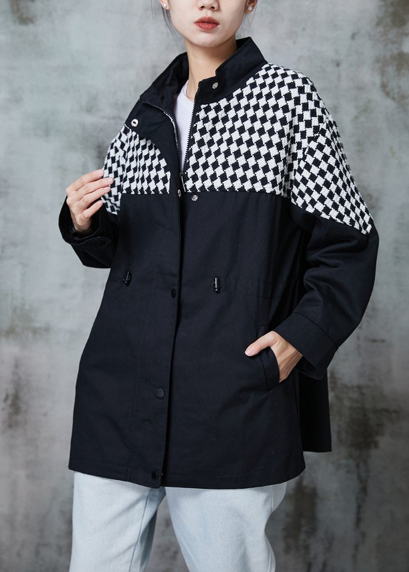 Håndlavet Sort Plaid Patchwork Snøre Bomuldsfrakke Outwear Spring - Dame vinterfrakker