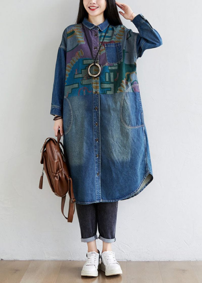 Italiensk Blå Peter Pan Krave Lommer Print Denim Coat Spring